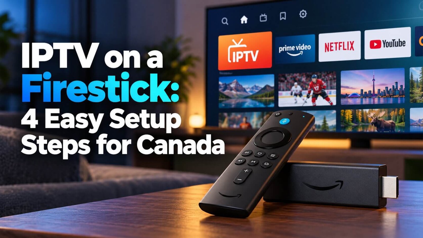 IPTV on a Firestick setup with Fire TV remote, streaming stick and TV interface for a Canadian setup guide.